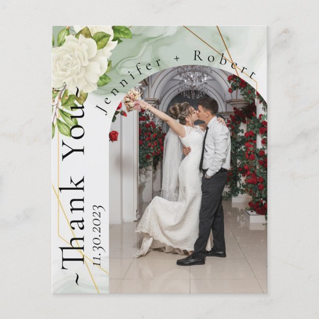 Botanical Rosy Photo Budget Wedding Thank you card (Front)