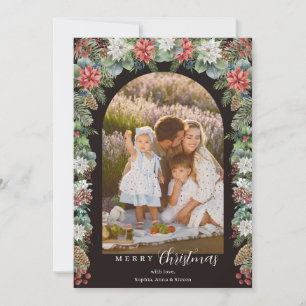 Botanical & Rustic 1 Photo Floral Arch Christmas  Holiday Card