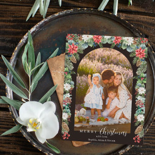 Botanical & Rustic 1 Photo Floral Arch Christmas  Holiday Postcard
