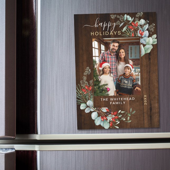 Botanical Rustic Dark Wood Holiday Magnet Card (You will love these beautiful Christmas cards! They feature botanical watercolor pine and berries.)