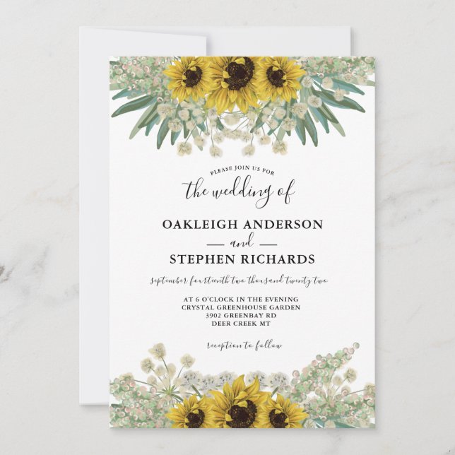 Botanical Rustic Sunflower Watercolor Wedding Invitation (Front)