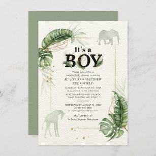Botanical Safari Elephant Giraffe Boy Baby Shower Invitation