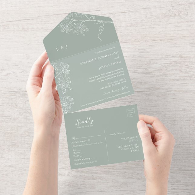 Botanical Sage Green All in One Wedding Invite (Tearaway)