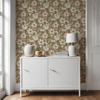 Botanical Sage Green Beige Lily Floral Pattern Wallpaper