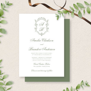 Botanical Sage Green Leaf Monogram Crest Wedding Invitation