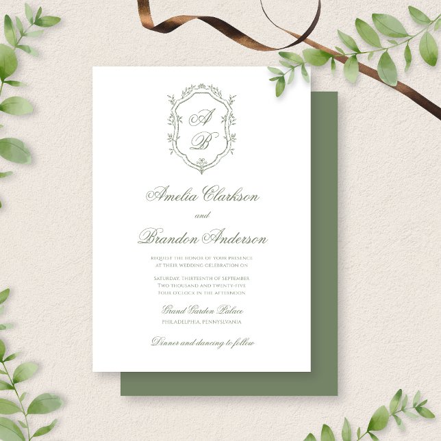 Botanical Sage Green Leaf Monogram Crest Wedding Invitation (Creator Uploaded)