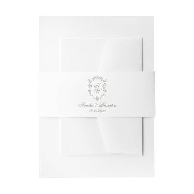 Botanical Sage Green Leaf Monogram Crest Wedding Invitation Belly Band (Front Example)