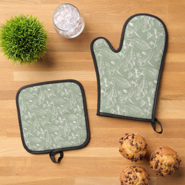 Botanical Sage Green Leaves Floral Art Pattern Oven Mitt & Pot Holder Set (Top Down)
