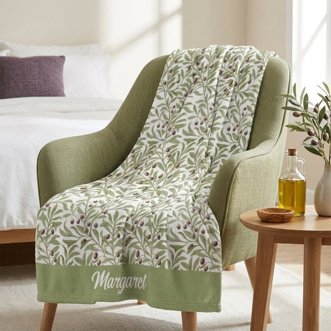 Botanical Sage Green Olive Leaf Pattern Fleece Blanket (Botanical Sage Green Olive Leaf Pattern Fleece Blanket)