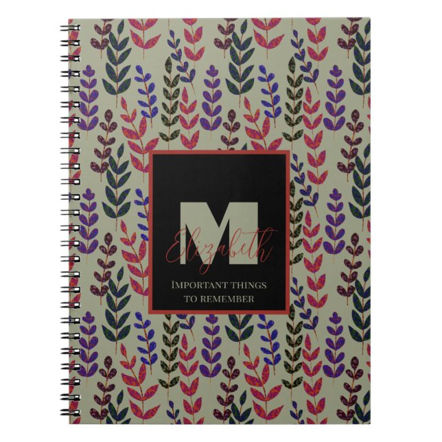 Botanical Sage Green Pink Monogram Custom Name  Notebook (Front)