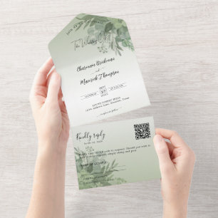 Botanical Sage Green QR Code Wedding All In One Invitation