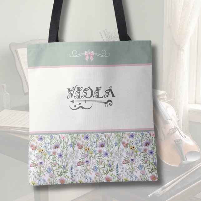 Botanical Sage Green Viola | String Player Tote Bag (Botanical Viola Tote Bag | Sage Green & Pink Wildflower | Personalized Orchestra Gift)