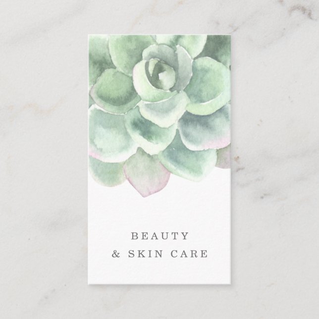 Botanical Sage Green Watercolor Succulent Vertical Business Card (Front)