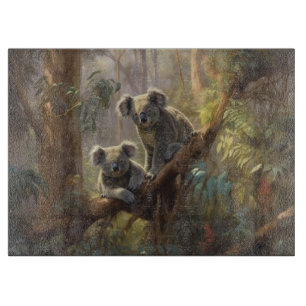 Botanical scene curious koalas in eucalyptus tree  cutting board