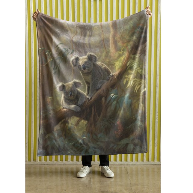 Botanical scene curious koalas in eucalyptus tree  fleece blanket (Creator Uploaded)
