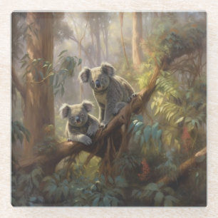 Botanical scene curious koalas in eucalyptus tree glass coaster