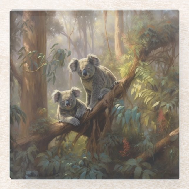 Botanical scene curious koalas in eucalyptus tree  glass coaster (Front)