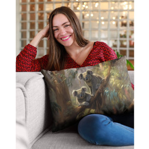 Botanical scene curious koalas in eucalyptus tree  lumbar cushion