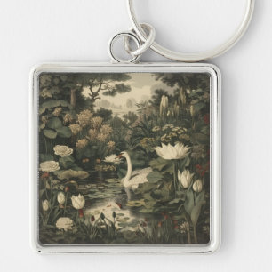 Botanical scene of a white swan in a forest river key ring