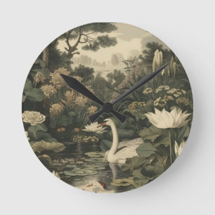 Botanical scene of a white swan in a forest river round clock