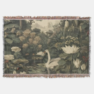 Botanical scene of a white swan in a forest river throw blanket