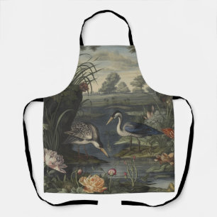 Botanical scene of blue crane by a river apron