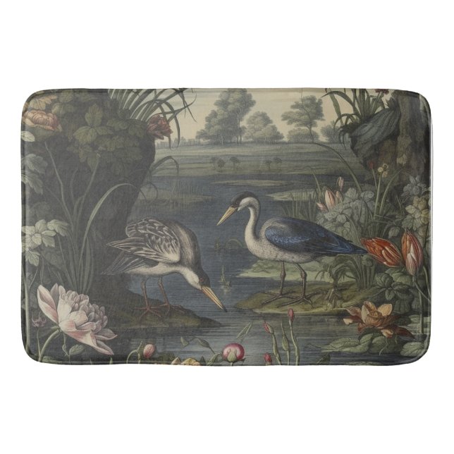 Botanical scene of blue crane by a river bath mat (Front)