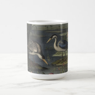 Botanical scene of blue crane by a river coffee mug