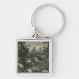Botanical scene of blue crane by a river key ring