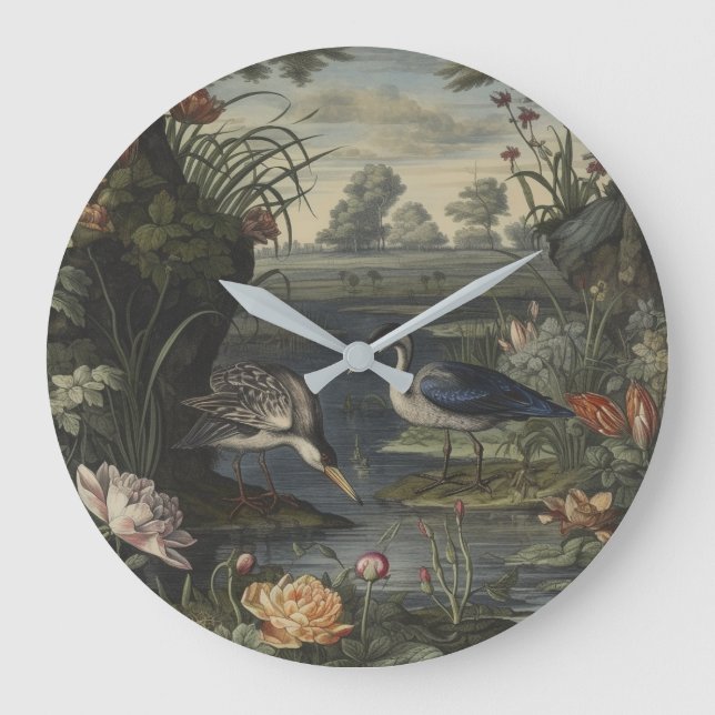 Botanical scene of blue crane by a river large clock (Front)