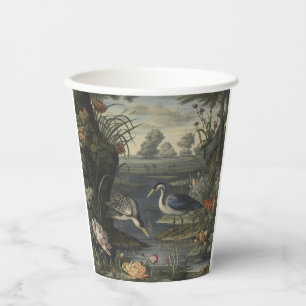 Botanical scene of blue crane by a river paper cups