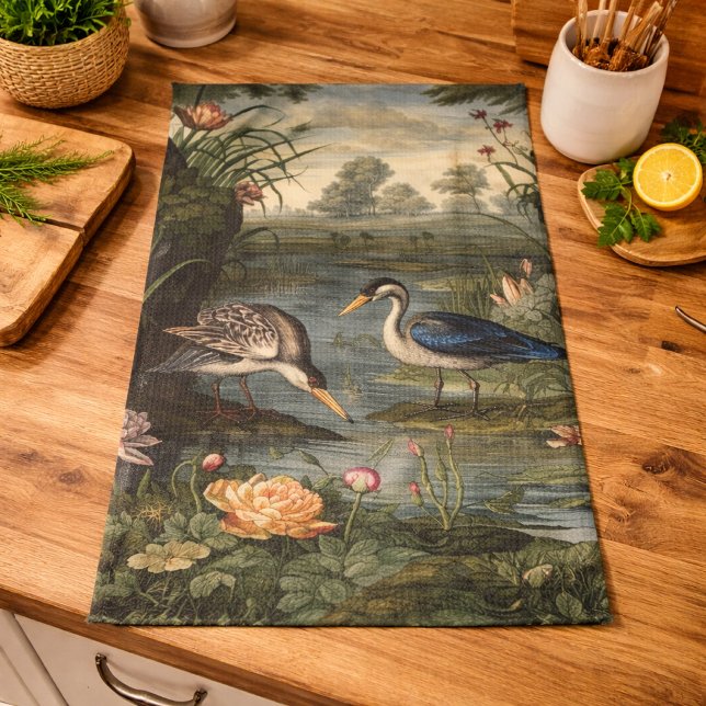 Botanical scene of blue crane by a river tea towel (Creator Uploaded)