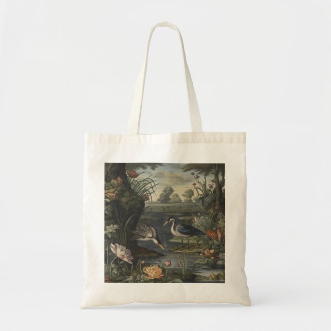 Botanical scene of blue crane by a river tote bag (Front)
