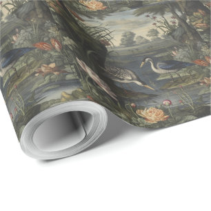 Botanical scene of blue crane by a river wrapping paper