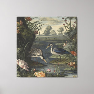 Botanical scene of blue cranes by a river canvas print