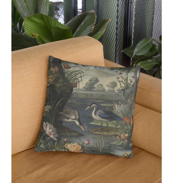 Botanical scene of blue cranes by  a river cushion (Creator Uploaded)