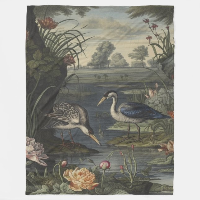 Botanical scene of blue cranes by  a river fleece blanket (Front)