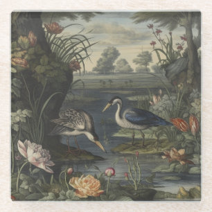 Botanical scene of blue cranes by  a river glass coaster