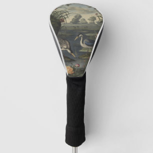 Botanical scene of blue cranes by a river golf head cover