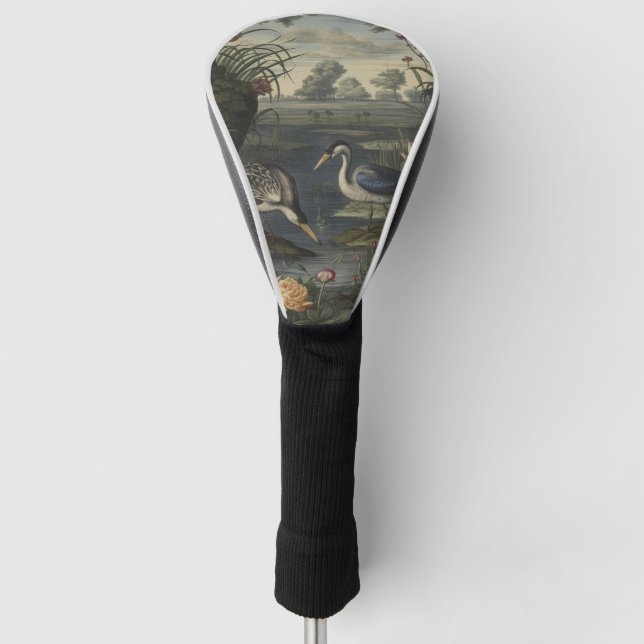 Botanical scene of blue cranes by  a river golf head cover (Front)