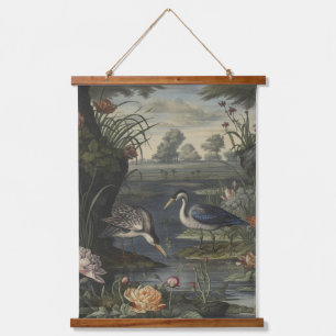 Botanical scene of blue cranes by a river hanging tapestry