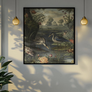 Botanical scene of blue cranes by  a river poster