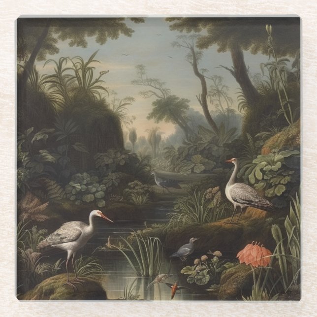 Botanical scene of cranes near a river glass coaster (Front)