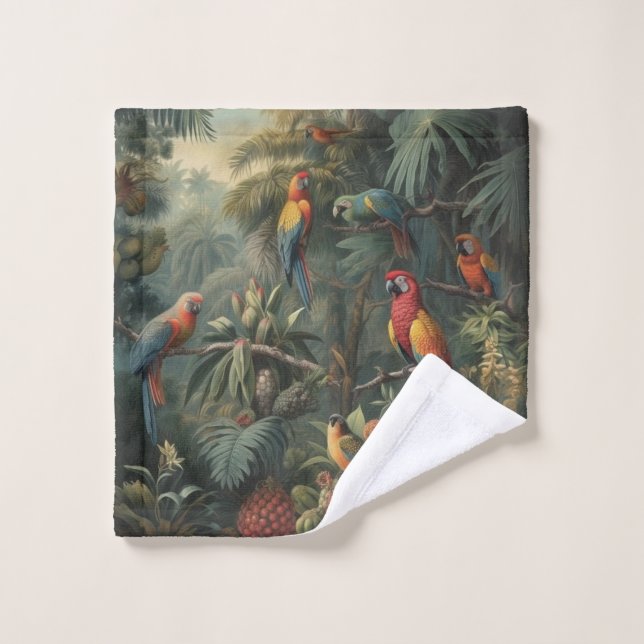Botanical scene of parrots and pineapples  bath towel set (Wash Cloth)