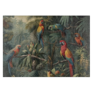 Botanical scene of parrots and pineapples  cutting board