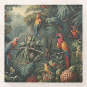 Botanical scene of parrots and pineapples glass coaster