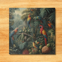Botanical scene of parrots and pineapples 