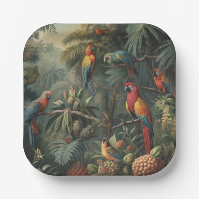 Botanical scene of parrots and pineapples  paper plate (Front)