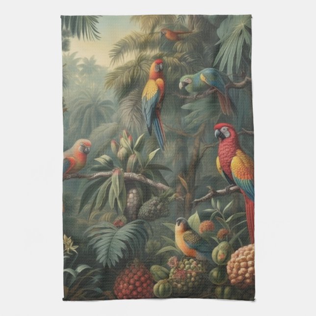 Botanical scene of parrots and pineapples  tea towel (Vertical)