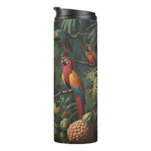 Botanical scene of parrots and pineapples thermal tumbler
